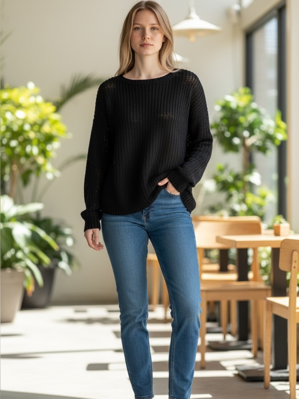 ONLY Womens Black Open Knit Crew Neck Long Sleeve Sweater Size L High Low Hem